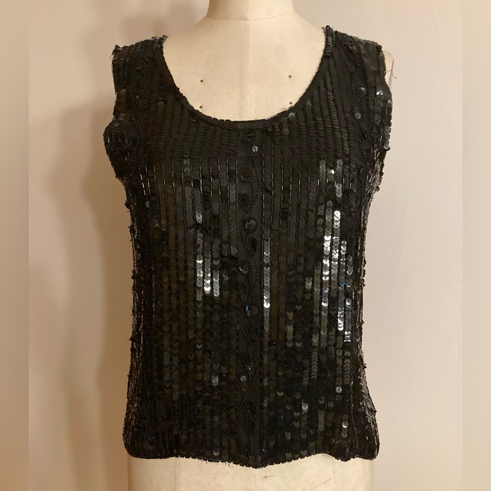 Ann Katrine Black Sequin Beaded Sleeveless Crop Silk Top Arched Hemline 60s